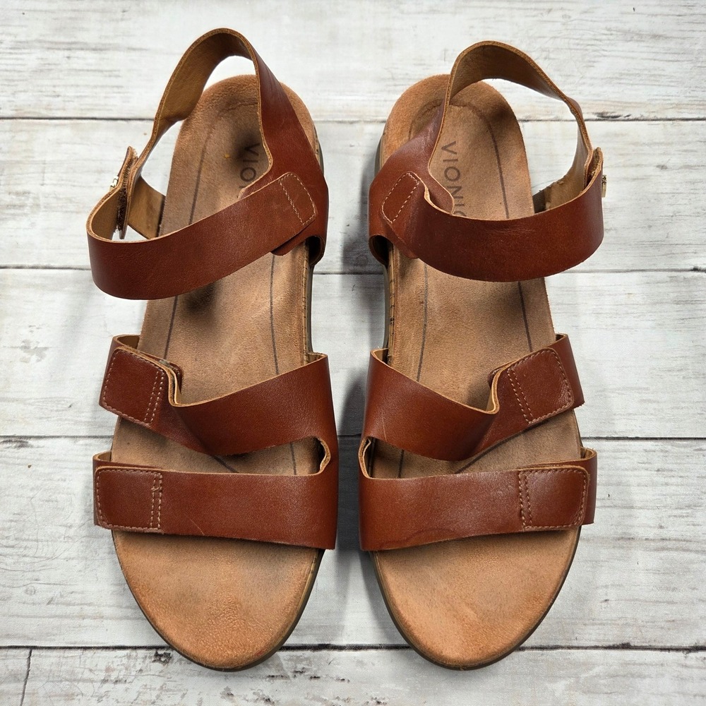 Vionic Colleen Leather Sandals Women 9.5 Brown Strappy Orthotic Comfort 10010964